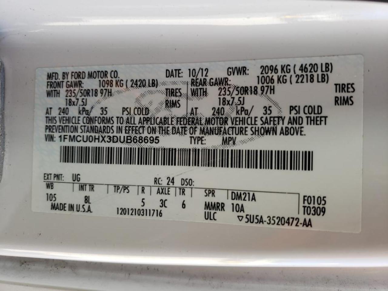 Photo 10 from auction – 2013 FORD ESCAPE SEL with VIN 1FMCU0HX3DUB68695