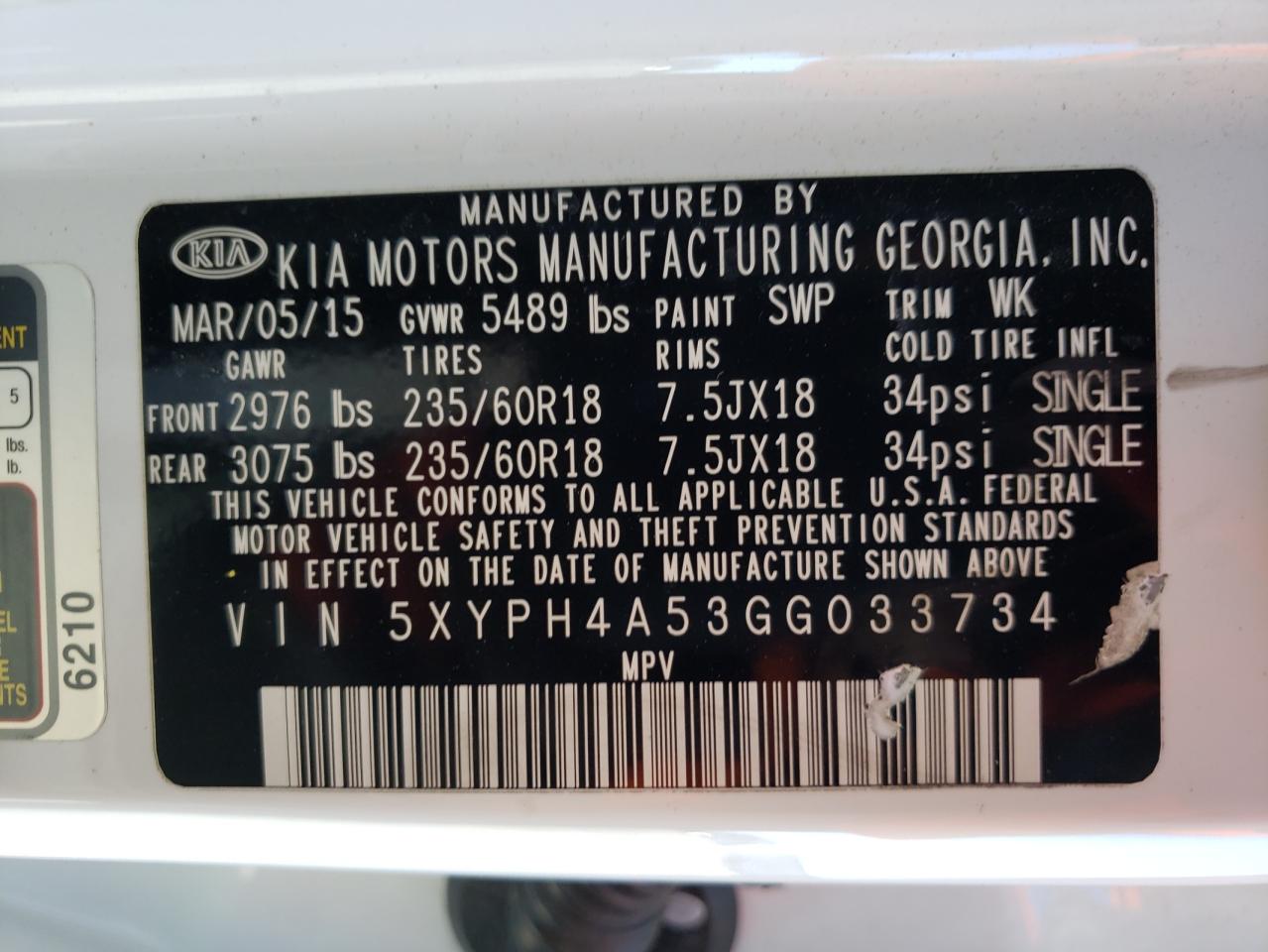 Photo 10 from auction – 2016 KIA SORENTO EX with VIN 5XYPH4A53GG033734