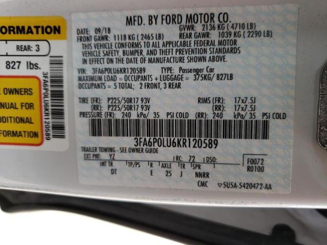 Photo 10 from auction – 2019 FORD FUSION SE with VIN 3FA6P0LU6KR120589
