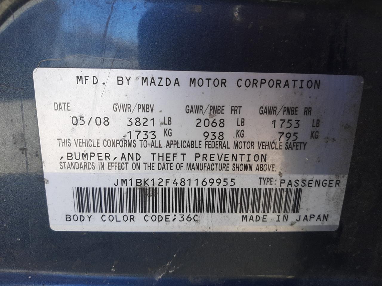 Photo 10 from auction – 2008 MAZDA 3 I with VIN JM1BK12F481169955