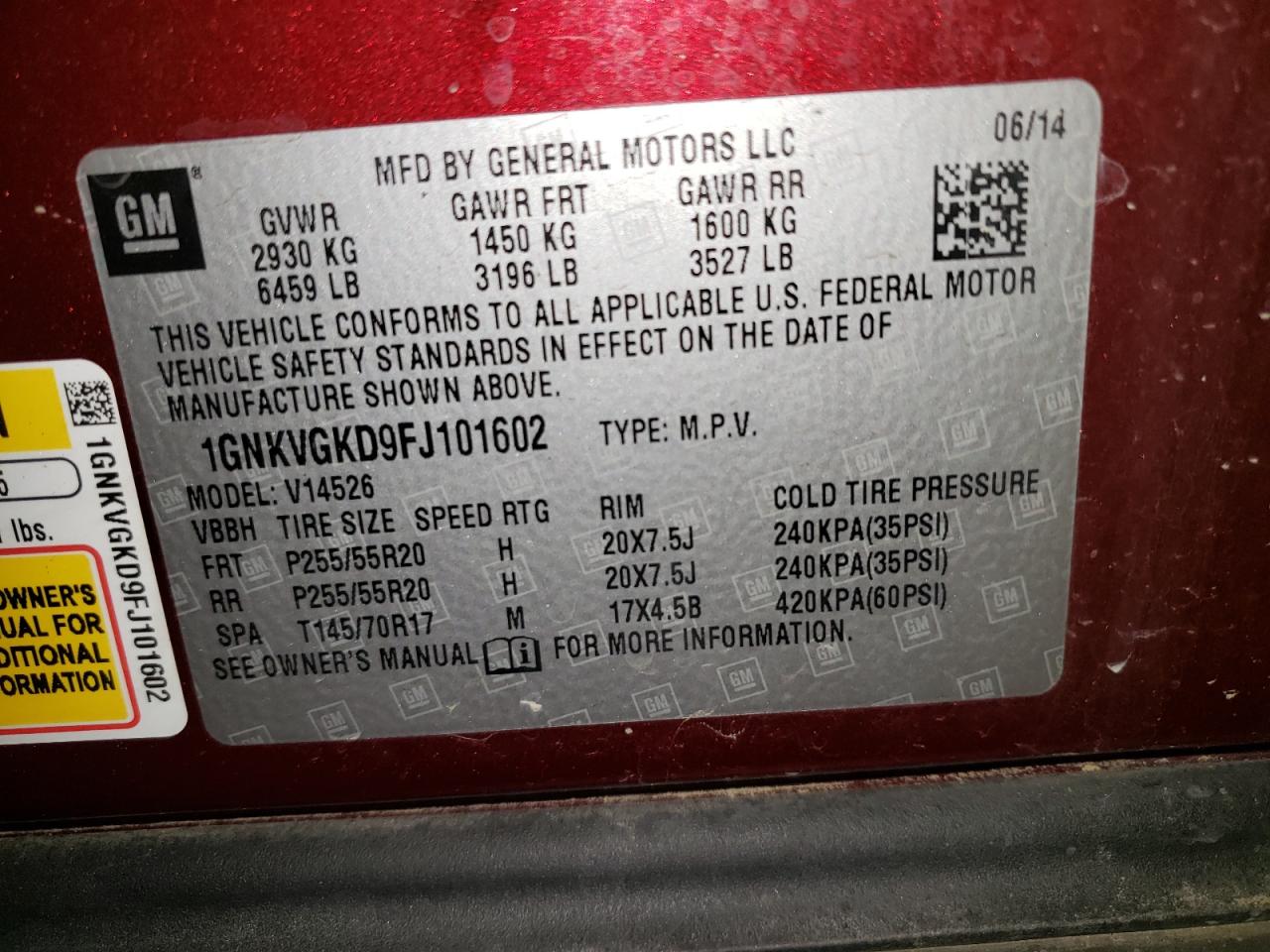 Photo 10 from auction – 2015 CHEVROLET TRAVERSE L with VIN 1GNKVGKD9FJ101602