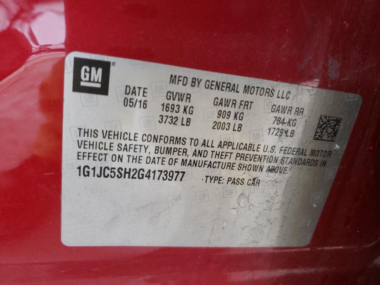 Photo 10 from auction – 2016 CHEVROLET SONIC LT with VIN 1G1JC5SH2G4173977