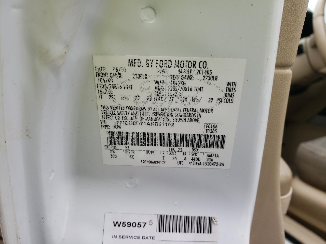 Photo 10 from auction – 2010 FORD ESCAPE XLT with VIN 1FMCU0D71AKD21152