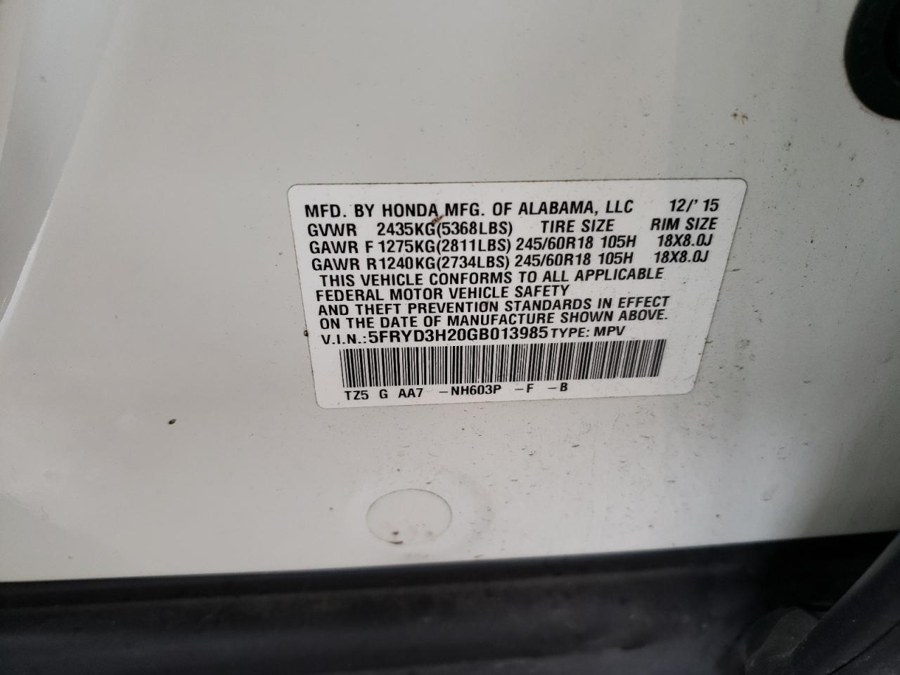 Photo 10 from auction – 2016 ACURA MDX with VIN 5FRYD3H20GB013985