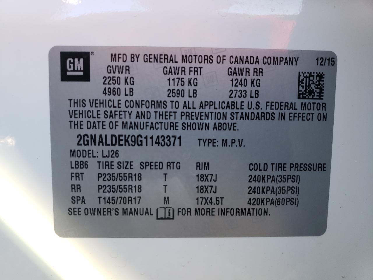 Photo 10 from auction – 2016 CHEVROLET EQUINOX LT with VIN 2GNALDEK9G1143371