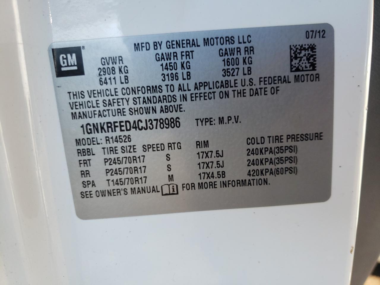Photo 10 from auction – 2012 CHEVROLET TRAVERSE L with VIN 1GNKRFED4CJ378986
