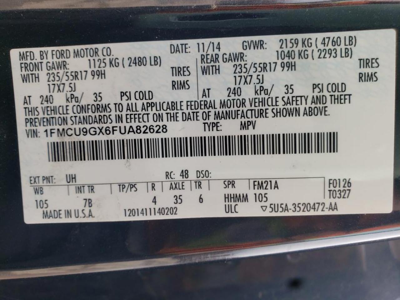 Photo 10 from auction – 2015 FORD ESCAPE SE with VIN 1FMCU9GX6FUA82628