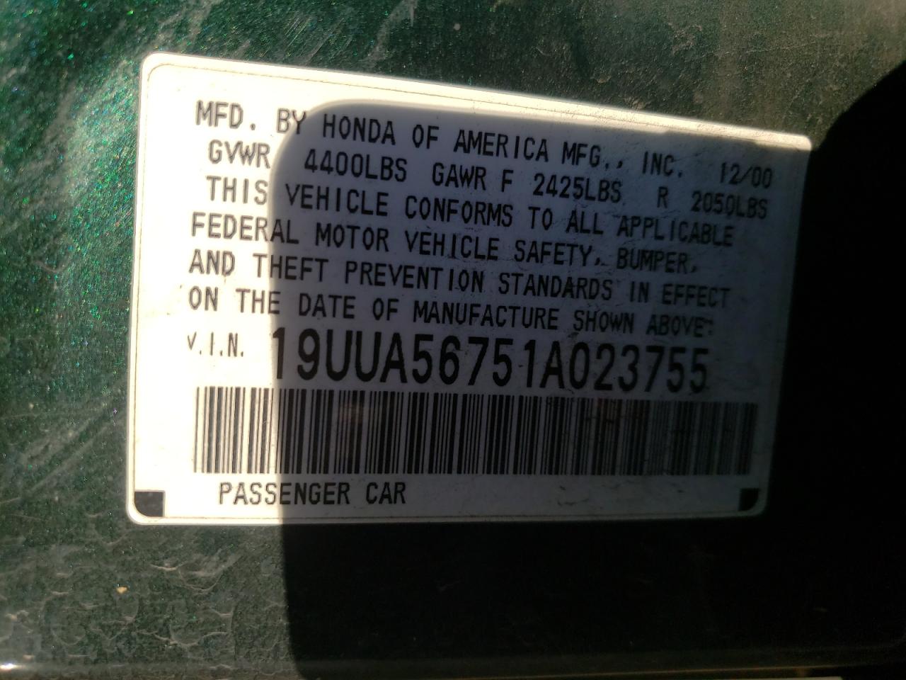 Photo 10 from auction – 2001 ACURA 3.2TL with VIN 19UUA56751A023755