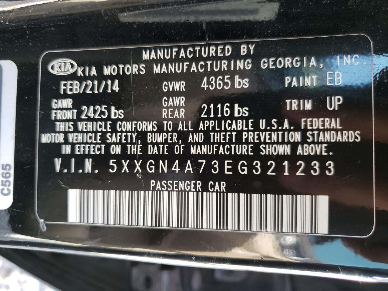 Photo 10 from auction – 2014 KIA OPTIMA EX with VIN 5XXGN4A73EG321233
