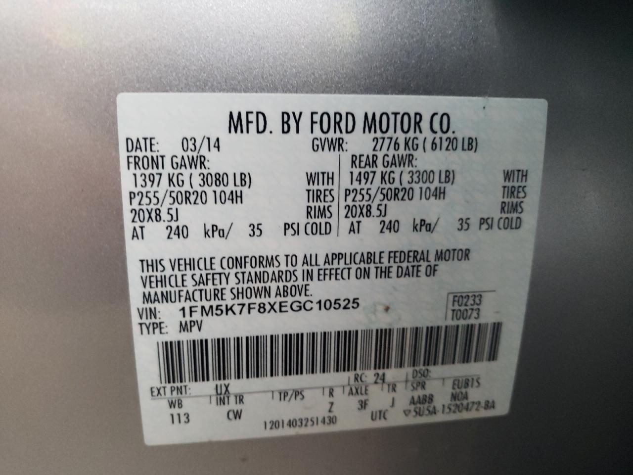 Photo 10 from auction – 2014 FORD EXPLORER L with VIN 1FM5K7F8XEGC10525