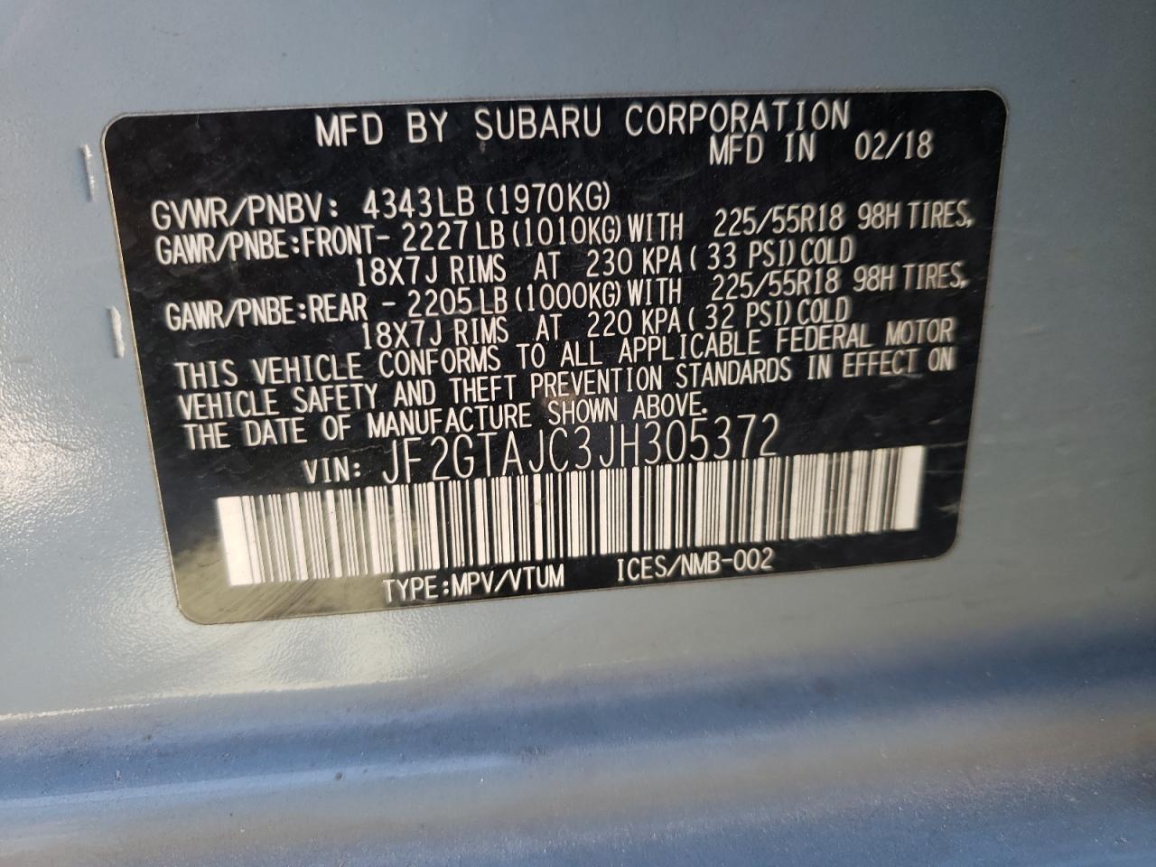 Photo 10 from auction – 2018 SUBARU CROSSTREK with VIN JF2GTAJC3JH305372