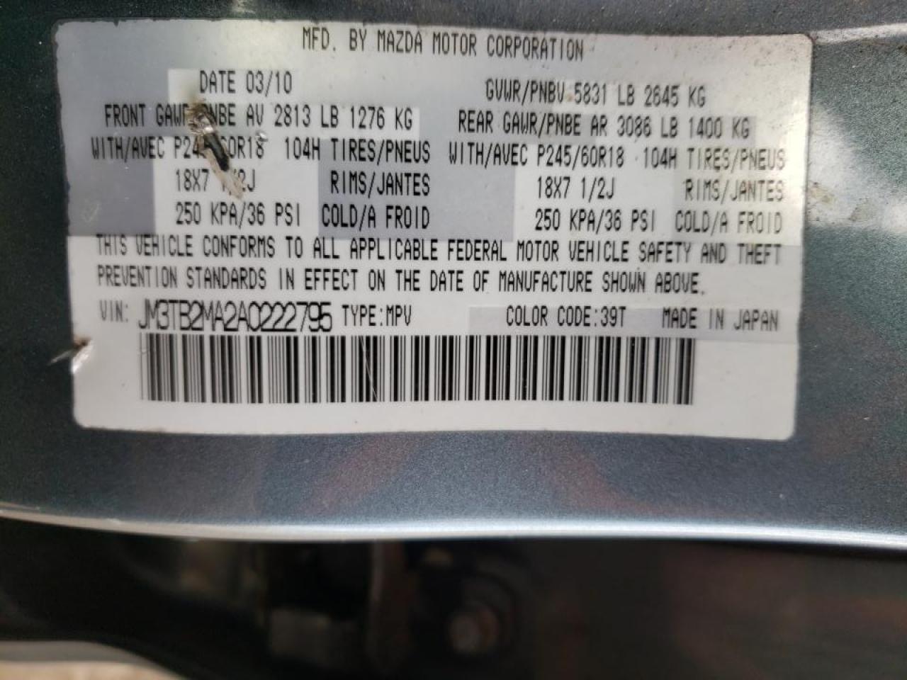 Photo 10 from auction – 2010 MAZDA CX-9 with VIN JM3TB2MA2A0222795