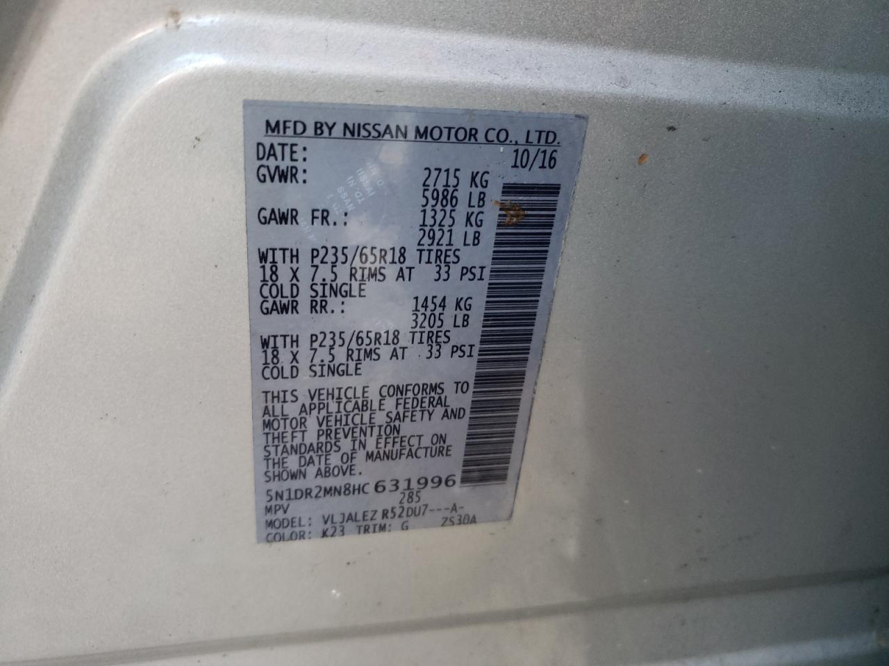 Photo 10 from auction – 2017 NISSAN PATHFINDER with VIN 5N1DR2MN8HC631996