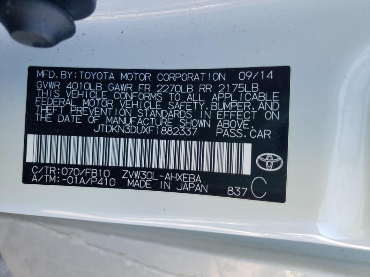 Photo 10 from auction – 2015 TOYOTA PRIUS with VIN JTDKN3DUXF1882337