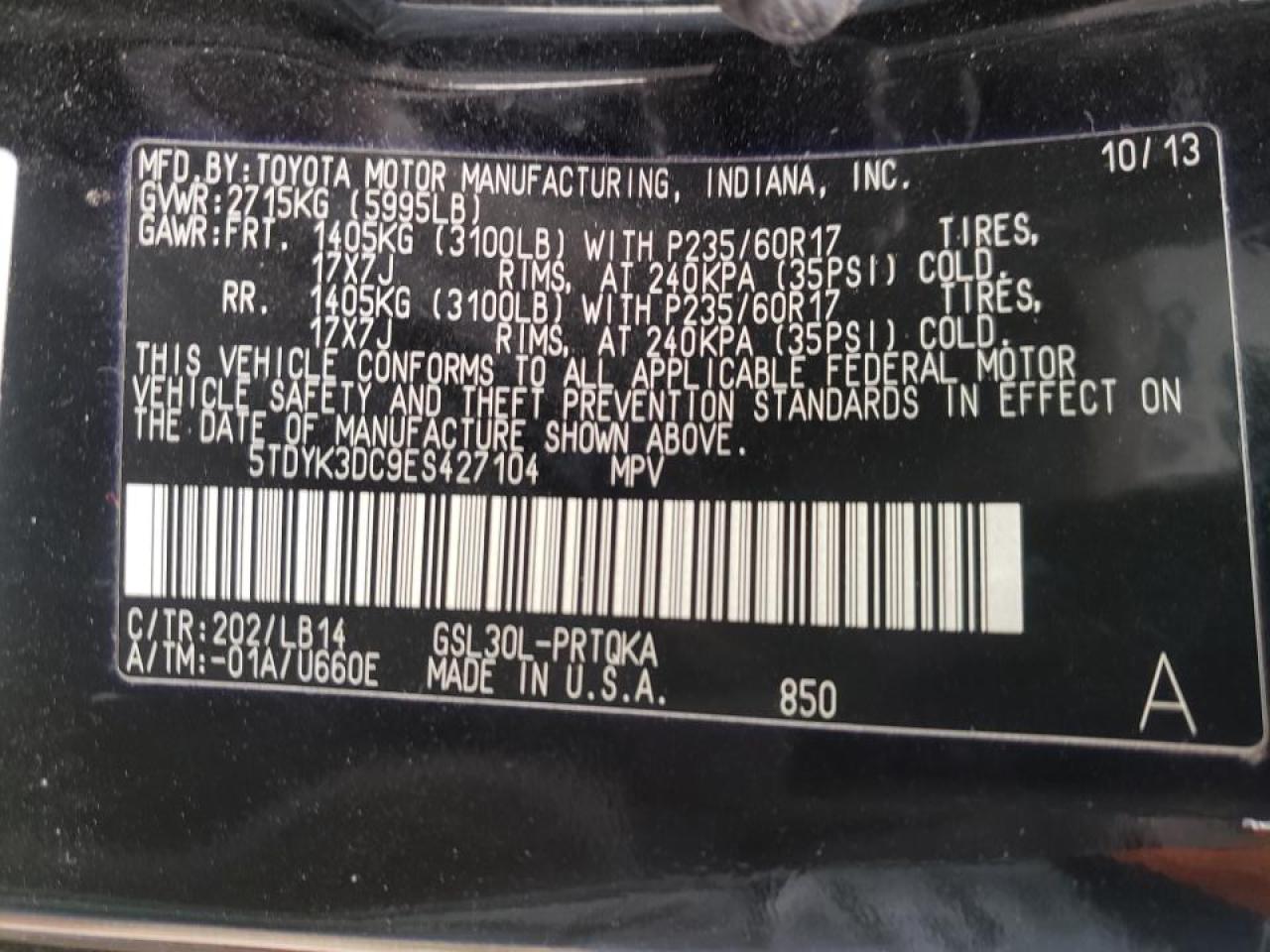 Photo 10 from auction – 2014 TOYOTA SIENNA XLE with VIN 5TDYK3DC9ES427104