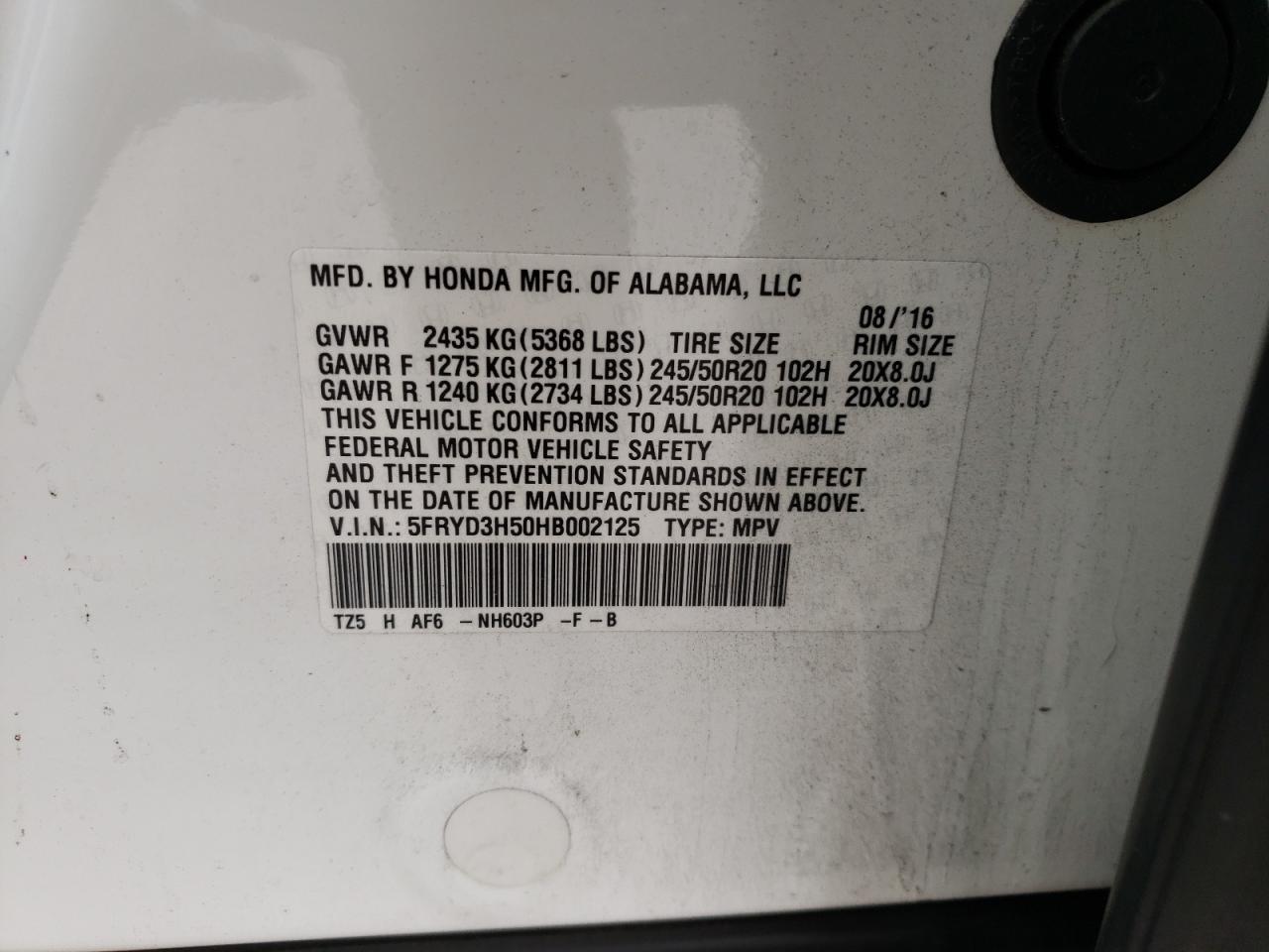 Photo 10 from auction – 2017 ACURA MDX TECHNO with VIN 5FRYD3H50HB002125