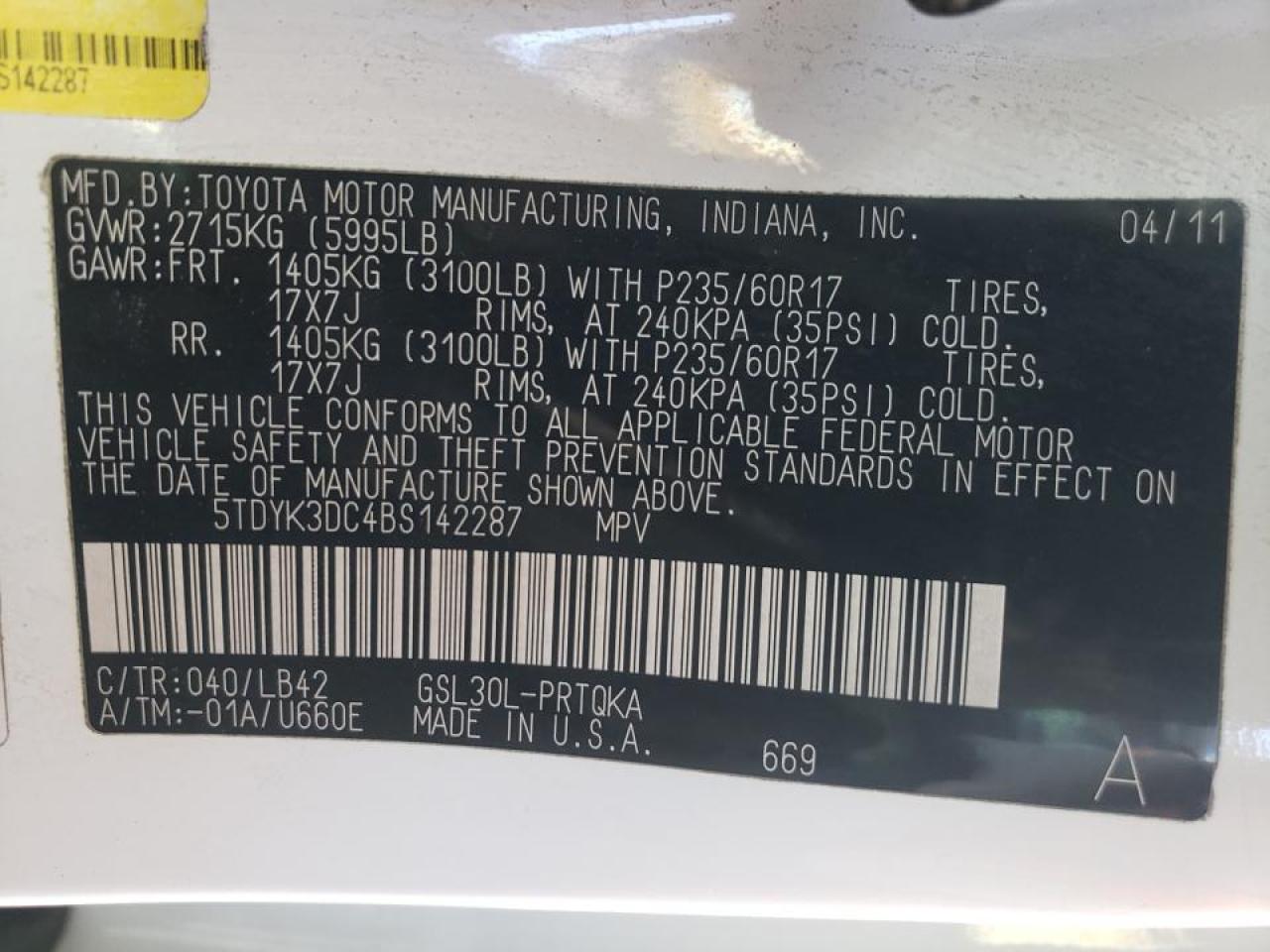 Photo 10 from auction – 2011 TOYOTA SIENNA XLE with VIN 5TDYK3DC4BS142287