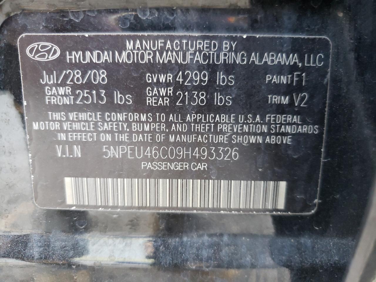 Photo 10 from auction – 2009 HYUNDAI SONATA SE with VIN 5NPEU46C09H493326