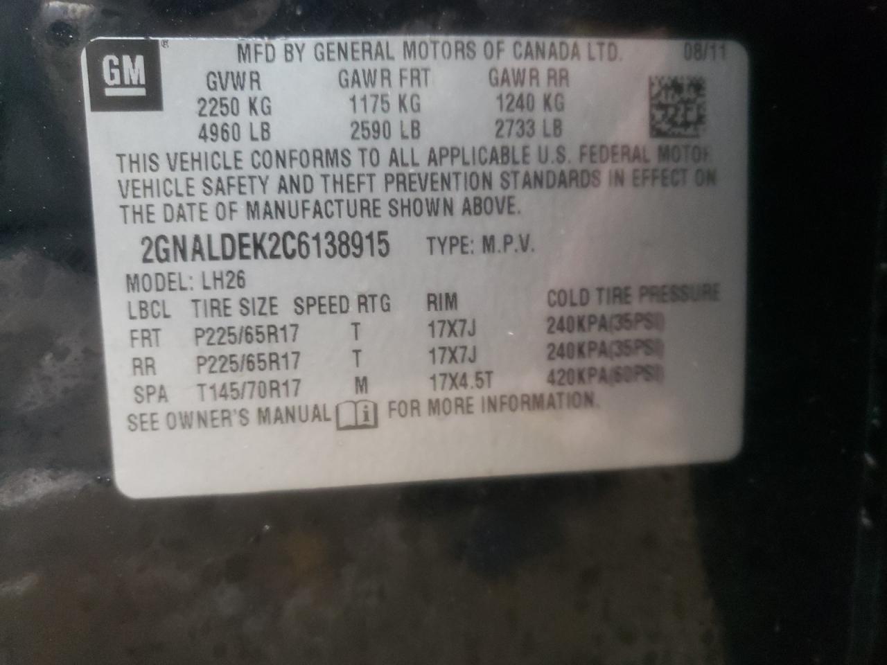 Photo 10 from auction – 2012 CHEVROLET EQUINOX LT with VIN 2GNALDEK2C6138915