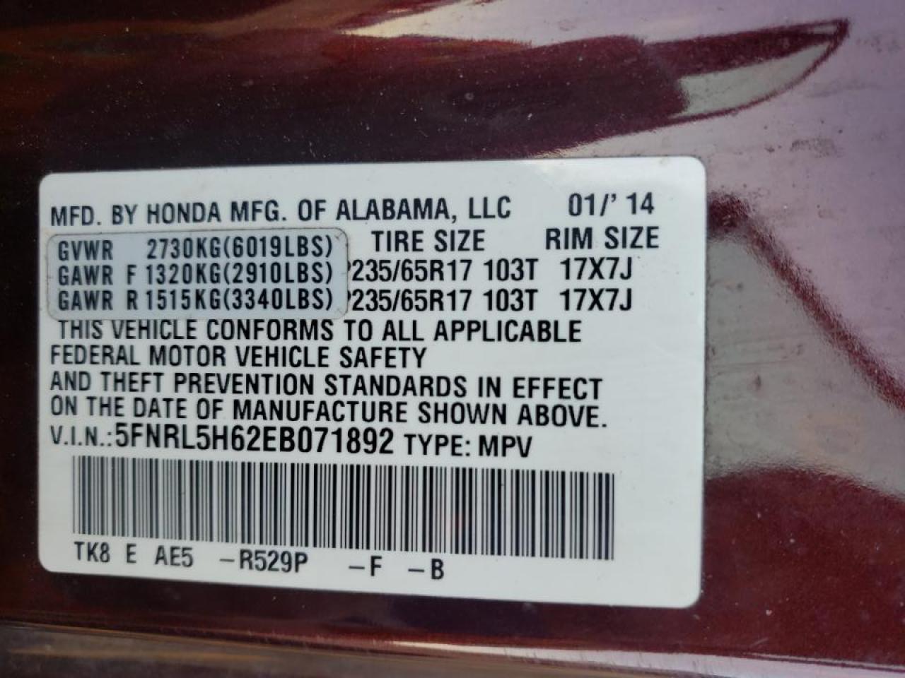 Photo 10 from auction – 2014 HONDA ODYSSEY EX with VIN 5FNRL5H62EB071892