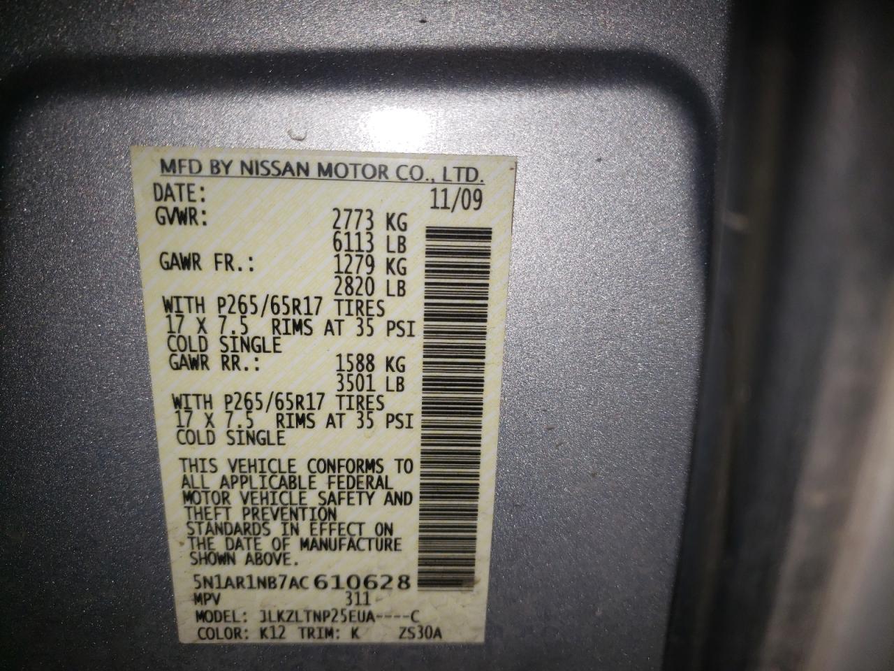 Photo 10 from auction – 2010 NISSAN PATHFINDER with VIN 5N1AR1NB7AC610628