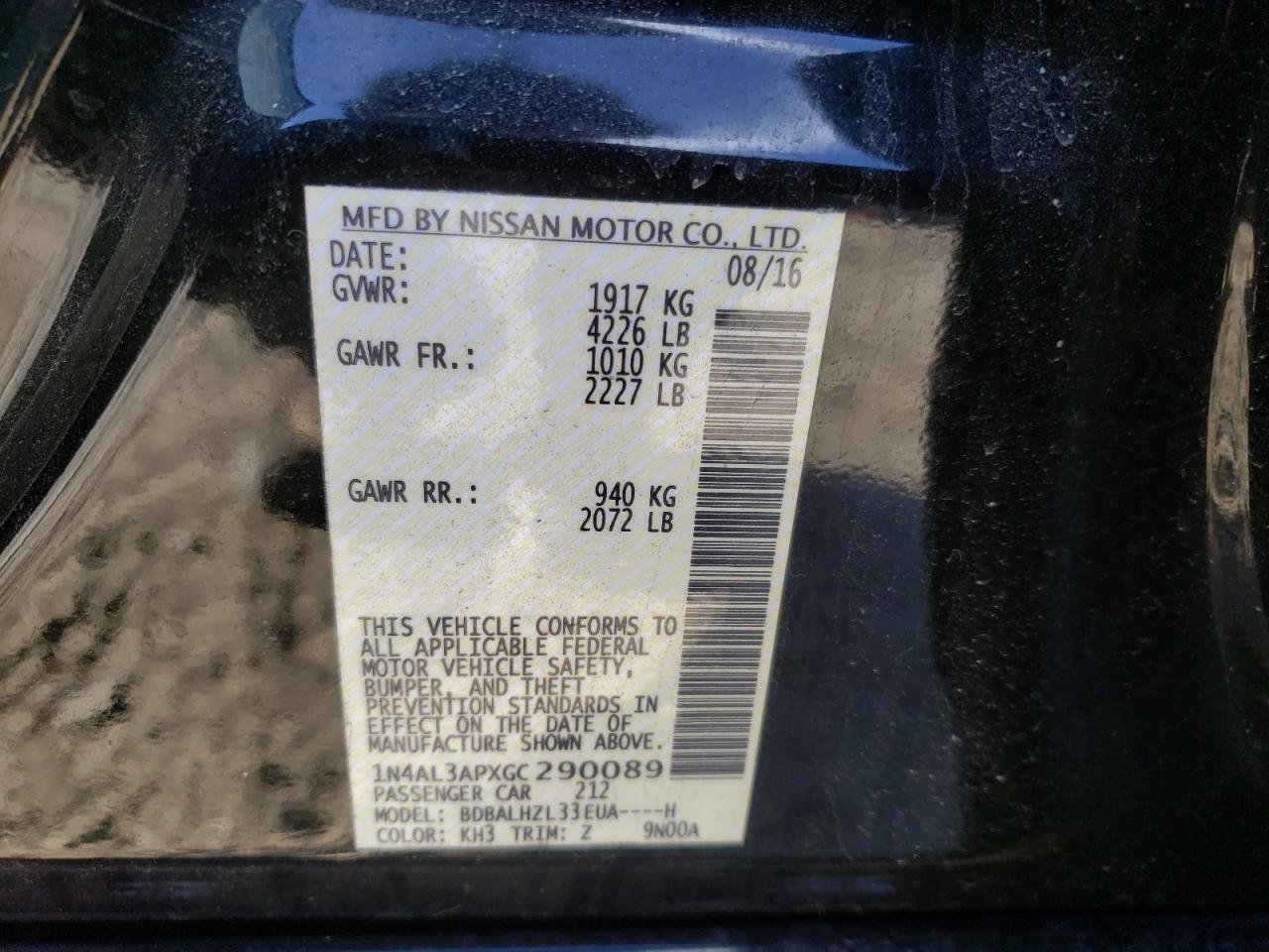 Photo 10 from auction – 2016 NISSAN ALTIMA 2.5 with VIN 1N4AL3APXGC290089