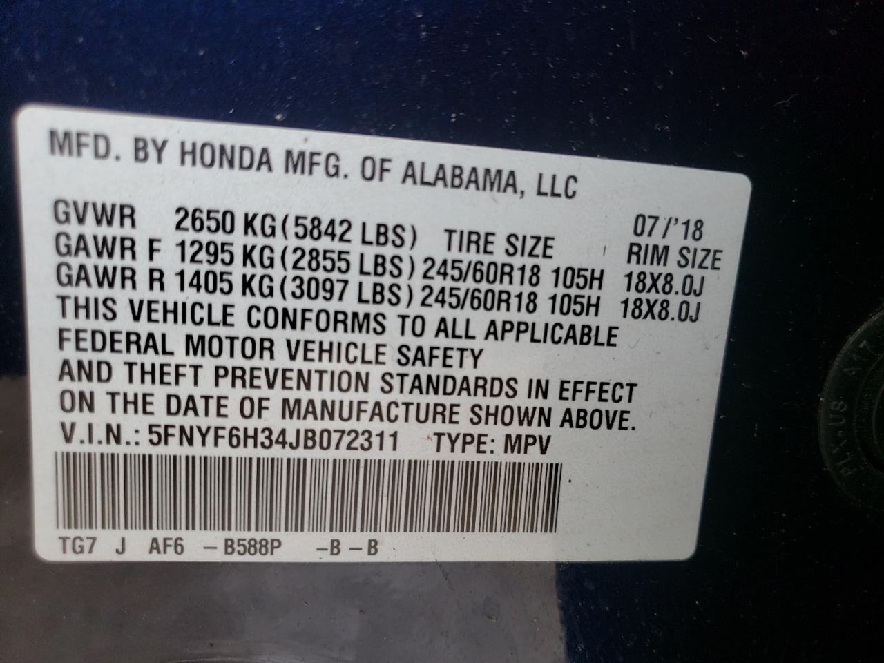 Photo 10 from auction – 2018 HONDA PILOT EX with VIN 5FNYF6H34JB072311