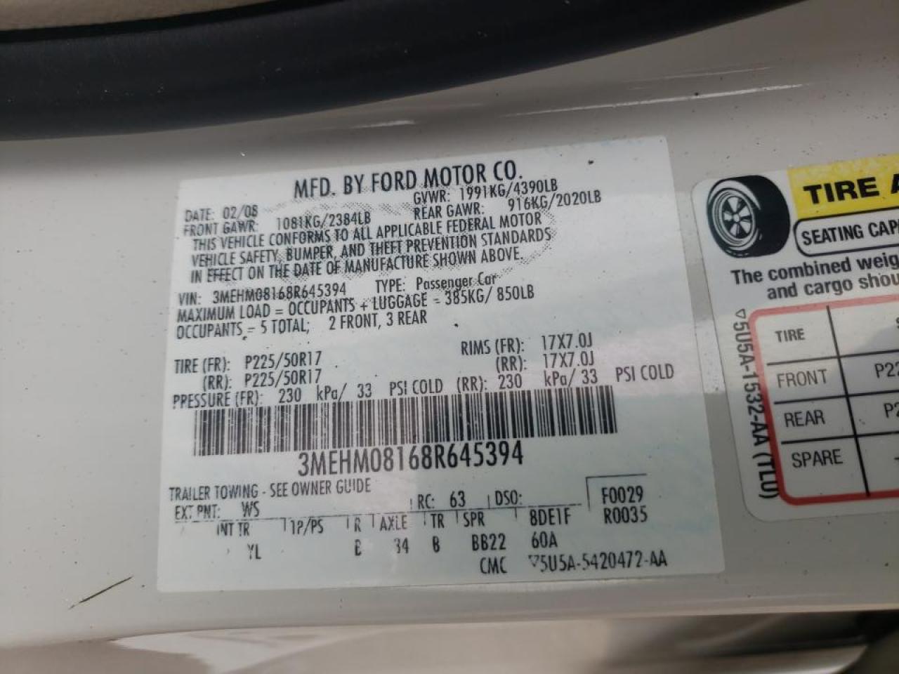 Photo 10 from auction – 2008 MERCURY MILAN PREM with VIN 3MEHM08168R645394