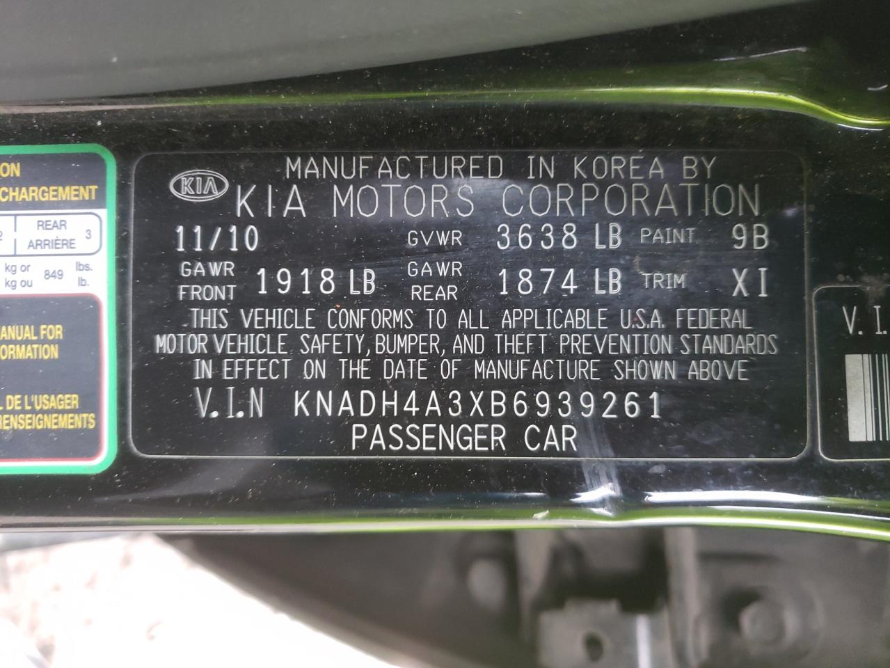 Photo 10 from auction – 2011 KIA RIO BASE with VIN KNADH4A3XB6939261