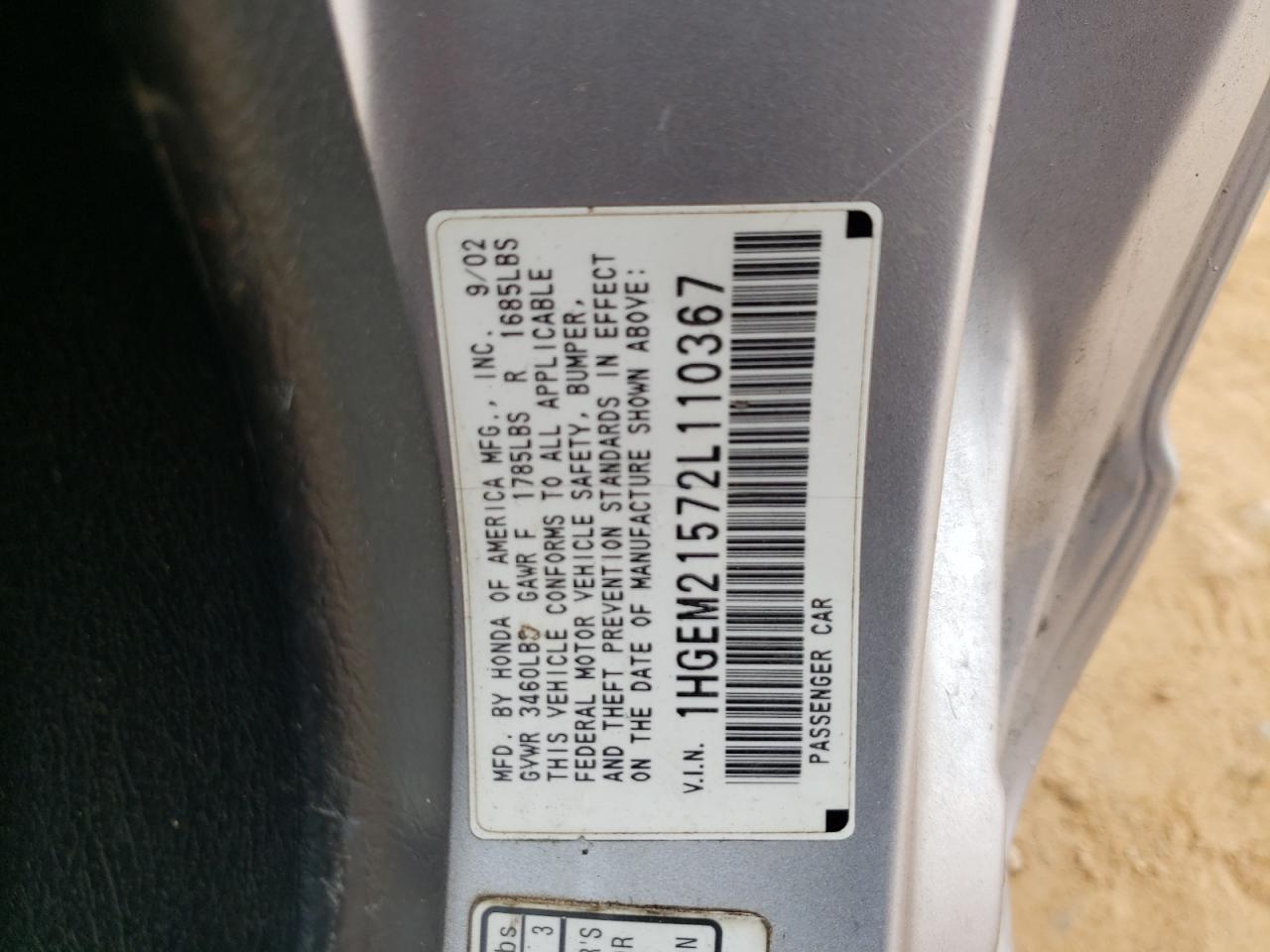 Photo 10 from auction – 2002 HONDA CIVIC LX with VIN 1HGEM21572L110367