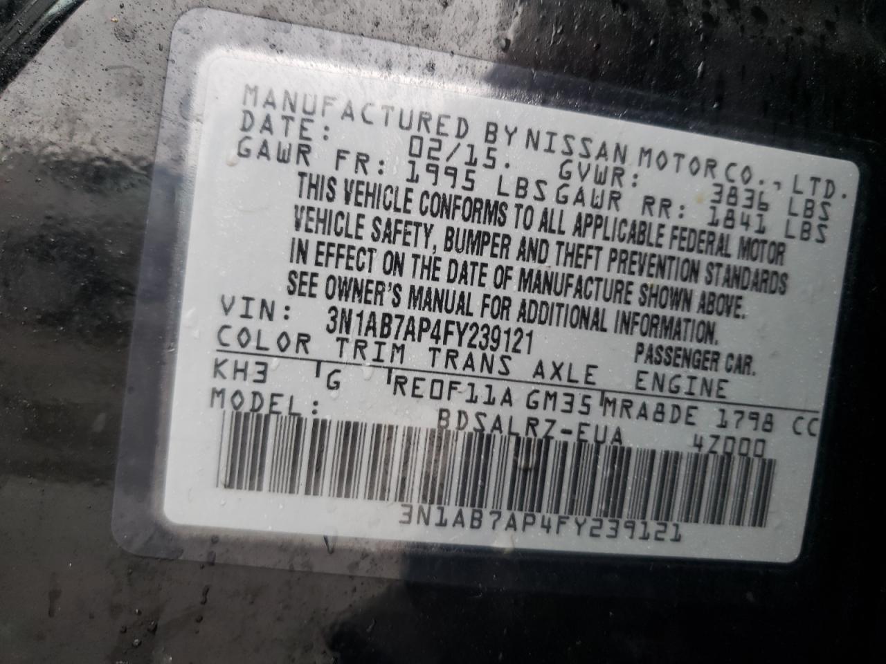 Photo 10 from auction – 2015 NISSAN SENTRA S with VIN 3N1AB7AP4FY239121