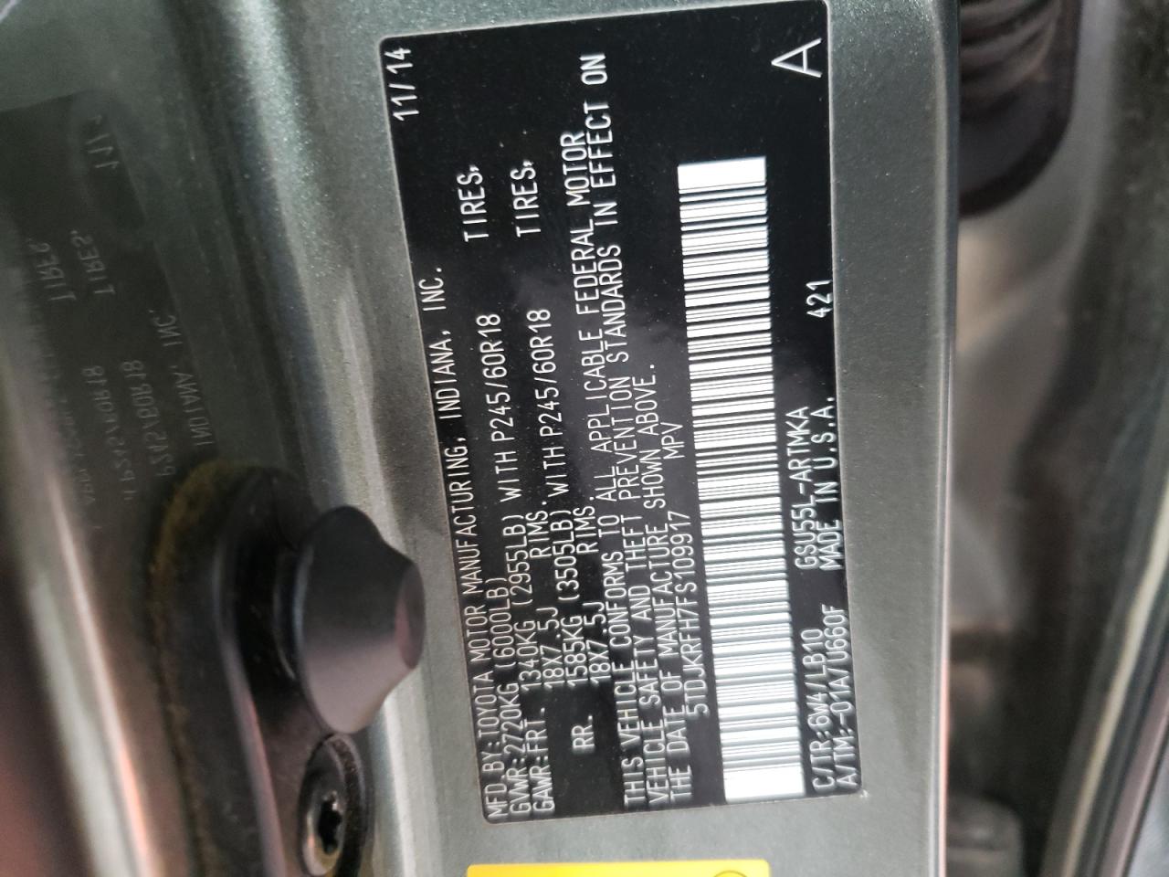 Photo 10 from auction – 2015 TOYOTA HIGHLANDER with VIN 5TDJKRFH7FS109917