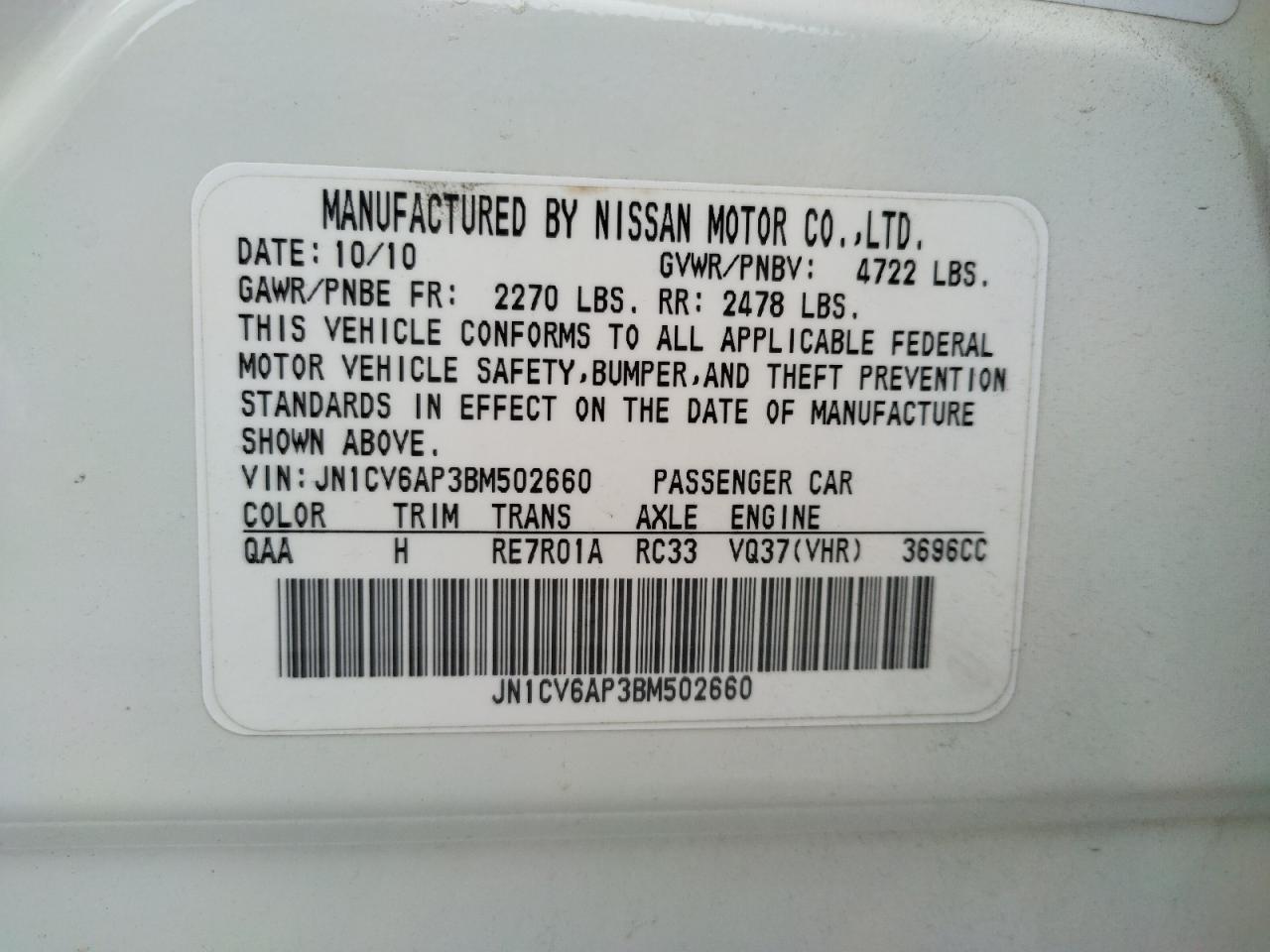 Photo 10 from auction – 2011 INFINITI G37 BASE with VIN JN1CV6AP3BM502660