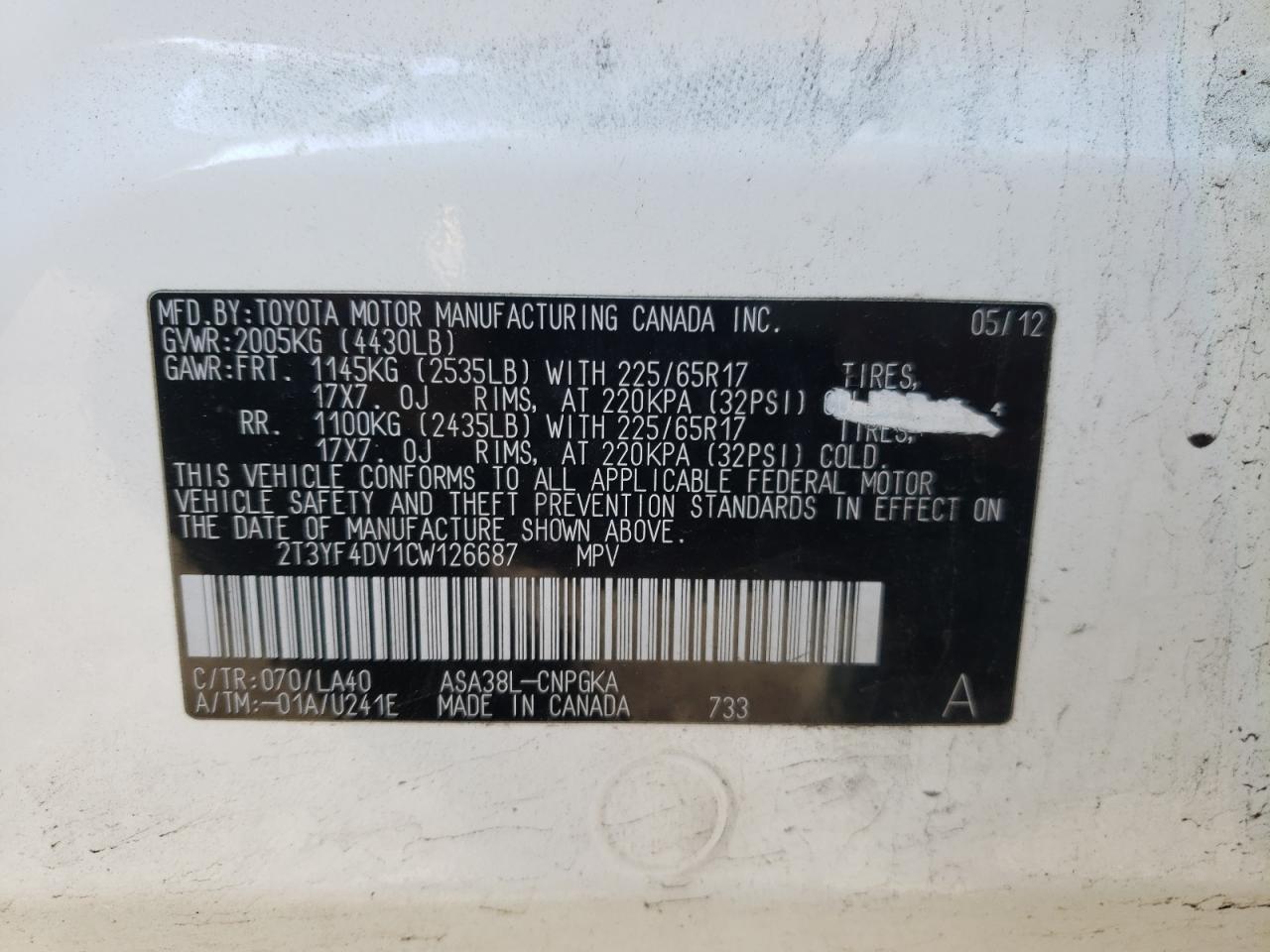 Photo 10 from auction – 2012 TOYOTA RAV4 LIMIT with VIN 2T3YF4DV1CW126687