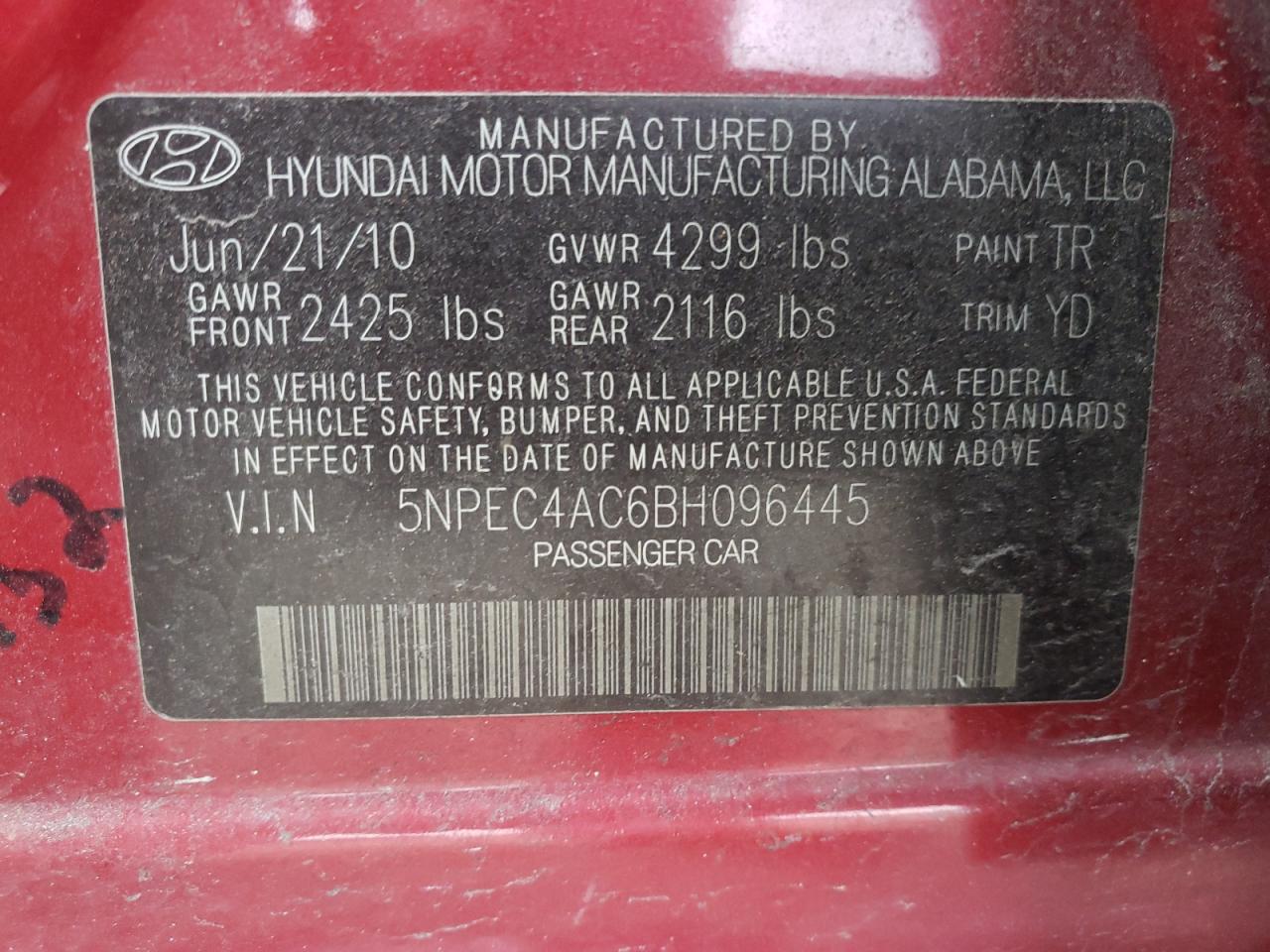 Photo 10 from auction – 2011 HYUNDAI SONATA SE with VIN 5NPEC4AC6BH096445