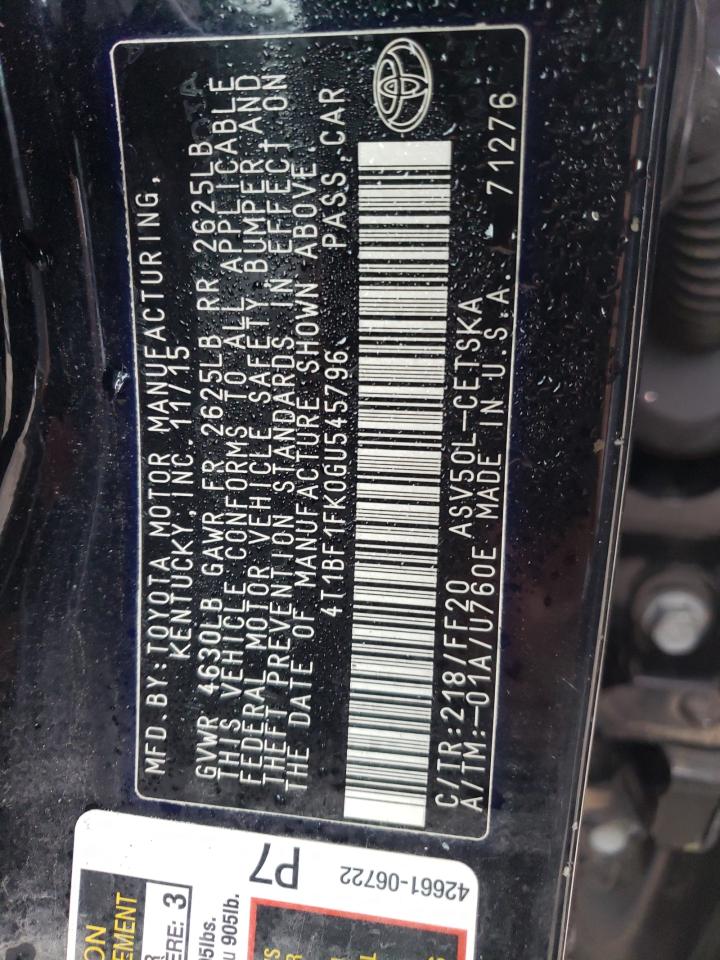 Photo 10 from auction – 2016 TOYOTA CAMRY- SE with VIN 4T1BF1FK0GU545796