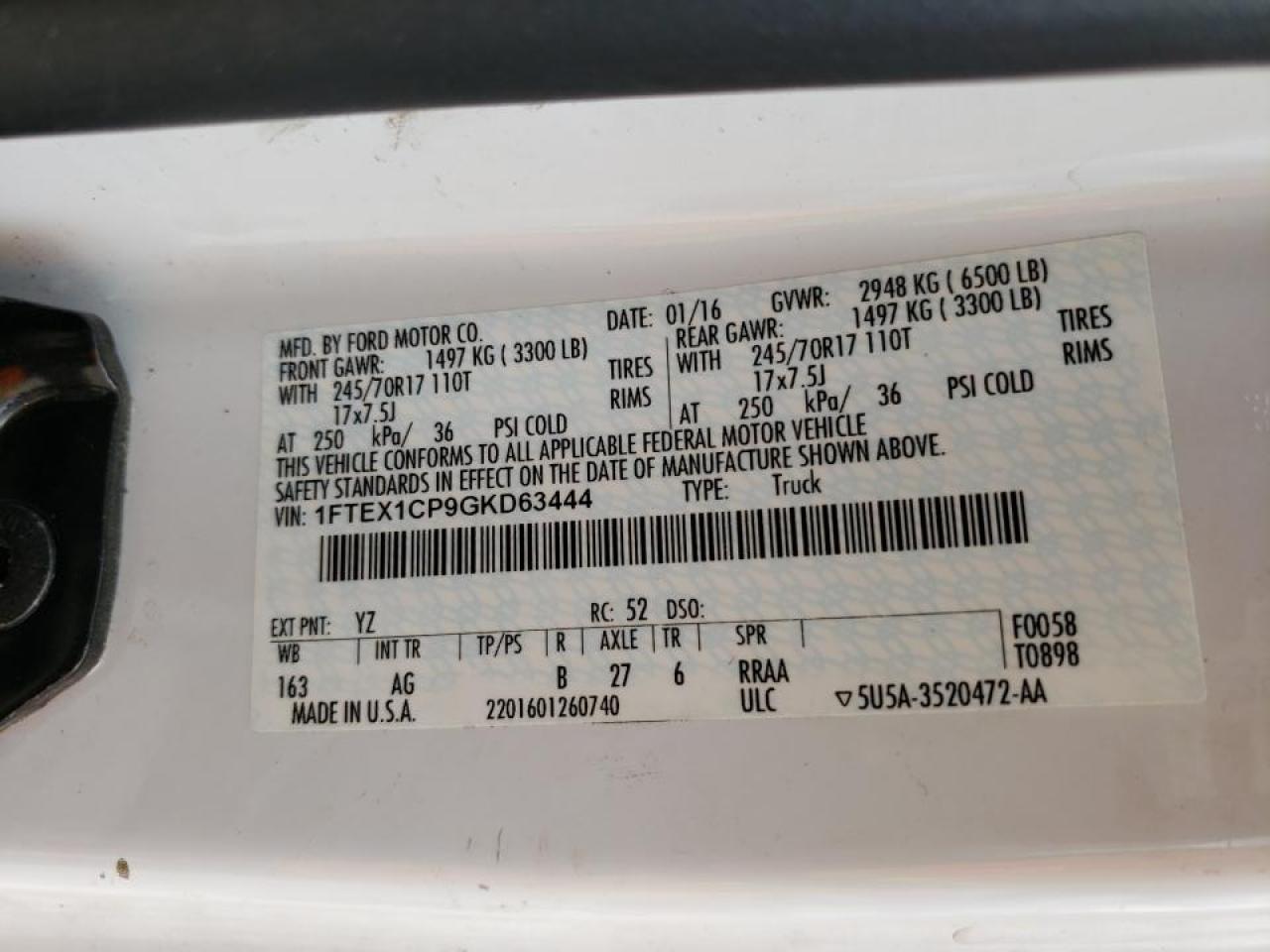 Photo 10 from auction – 2016 FORD F150 SUPER with VIN 1FTEX1CP9GKD63444