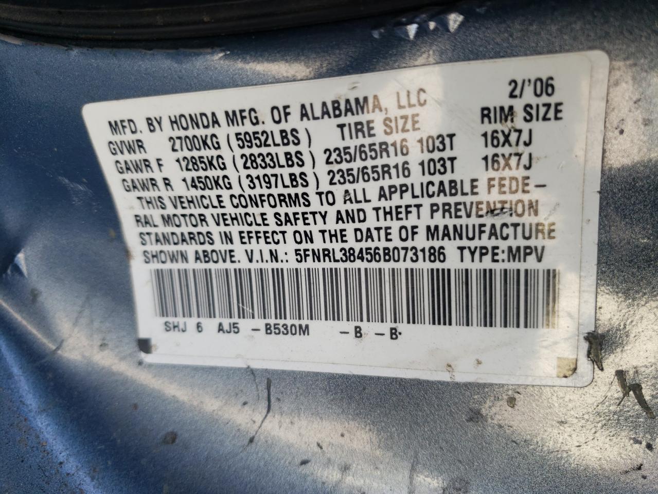 Photo 10 from auction – 2006 HONDA ODYSSEY with VIN 5FNRL38456B073186