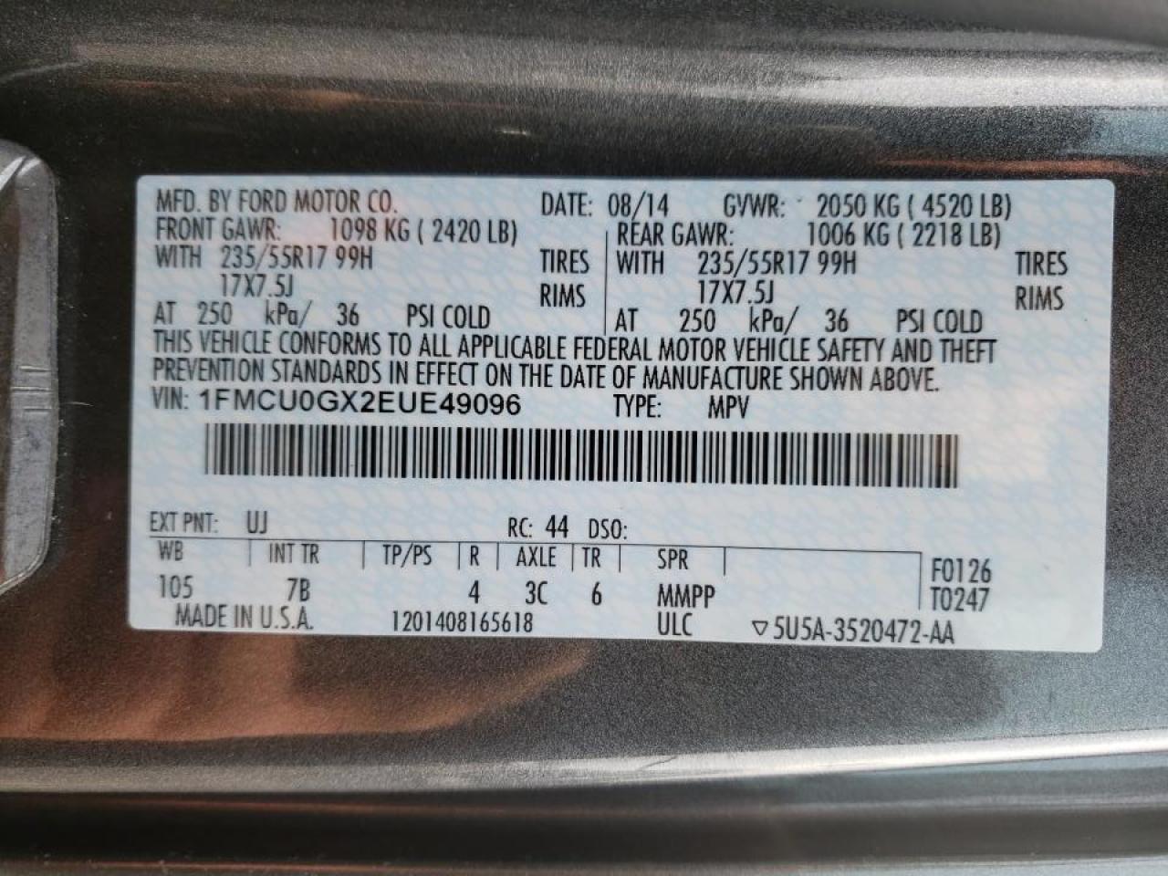 Photo 10 from auction – 2014 FORD ESCAPE SE with VIN 1FMCU0GX2EUE49096