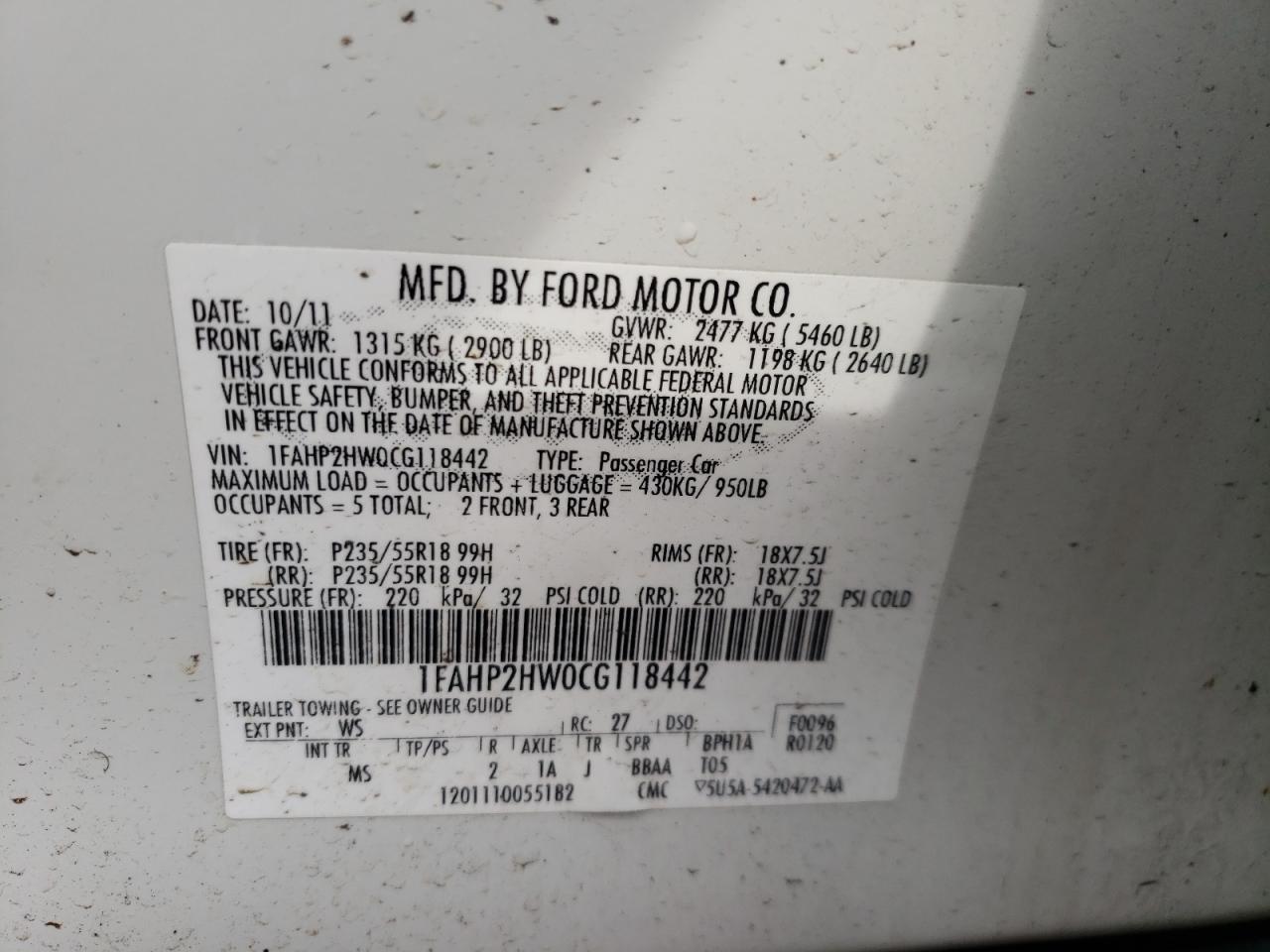 Photo 10 from auction – 2012 FORD TAURUS SEL with VIN 1FAHP2HW0CG118442