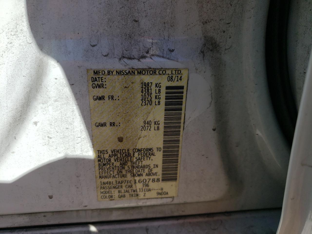 Photo 10 from auction – 2015 NISSAN ALTIMA 3.5 with VIN 1N4BL3AP7FC160788