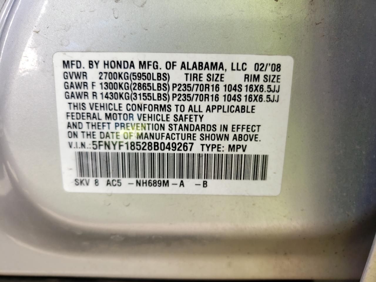 Photo 10 from auction – 2008 HONDA PILOT EXL with VIN 5FNYF18528B049267