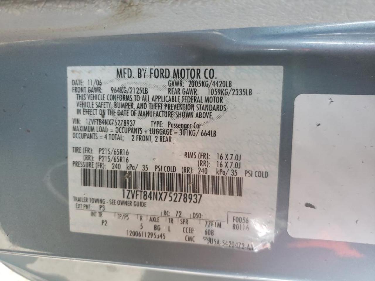 Photo 10 from auction – 2007 FORD MUSTANG with VIN 1ZVFT84NX75278937