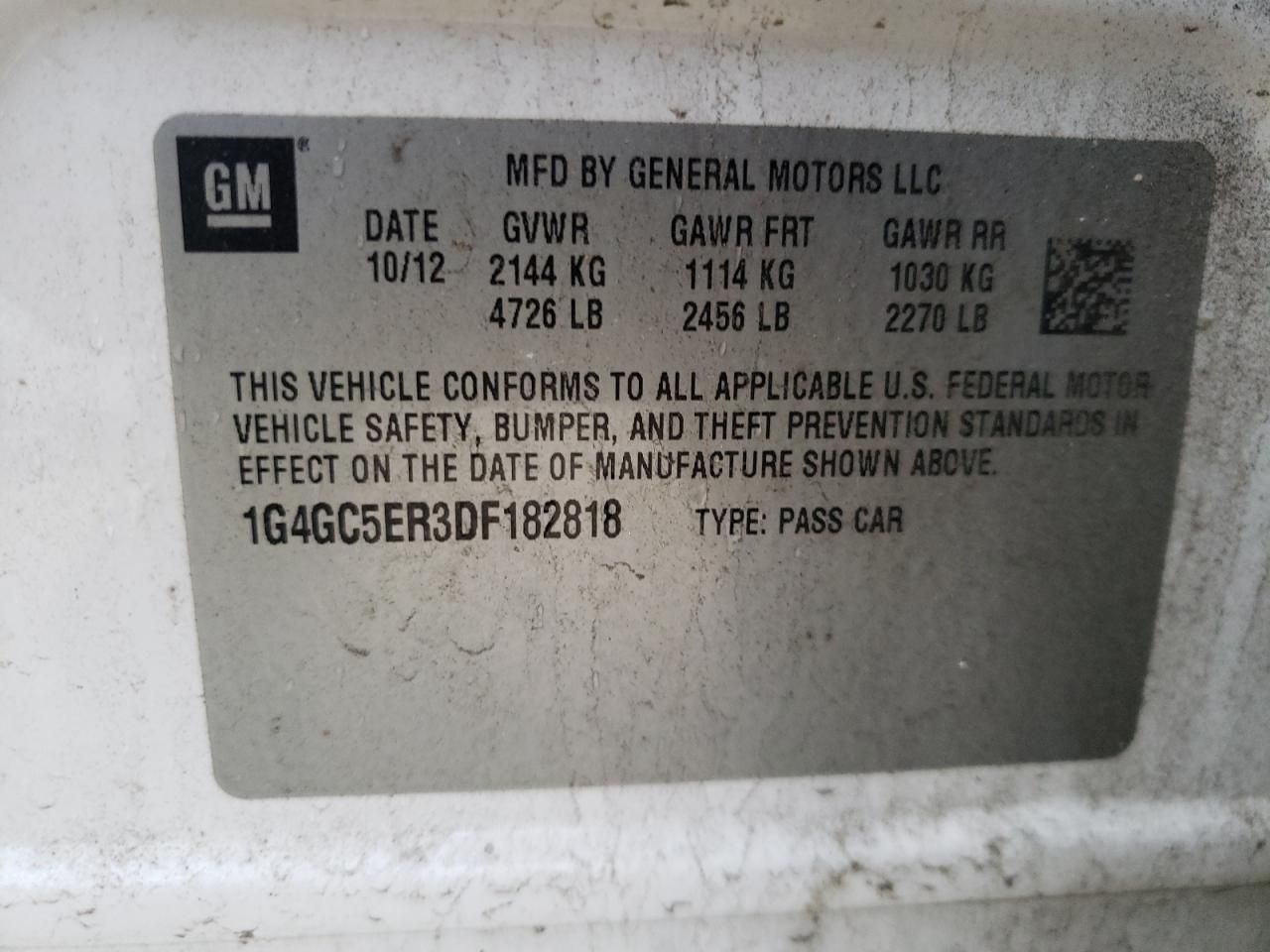 Photo 10 from auction – 2013 BUICK LACROSSE with VIN 1G4GC5ER3DF182818