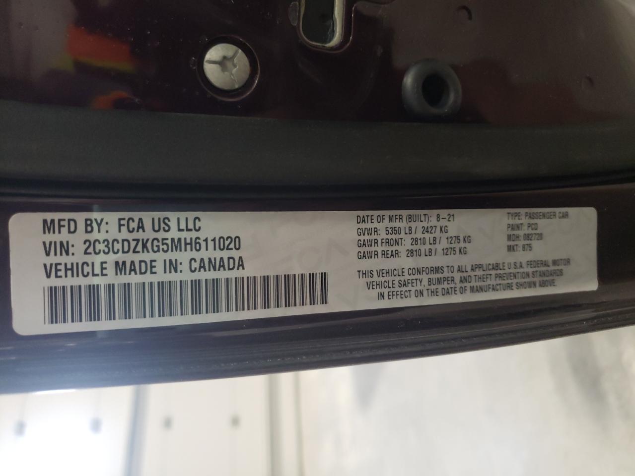 Photo 10 from auction – 2021 DODGE CHALLENGER with VIN 2C3CDZKG5MH611020