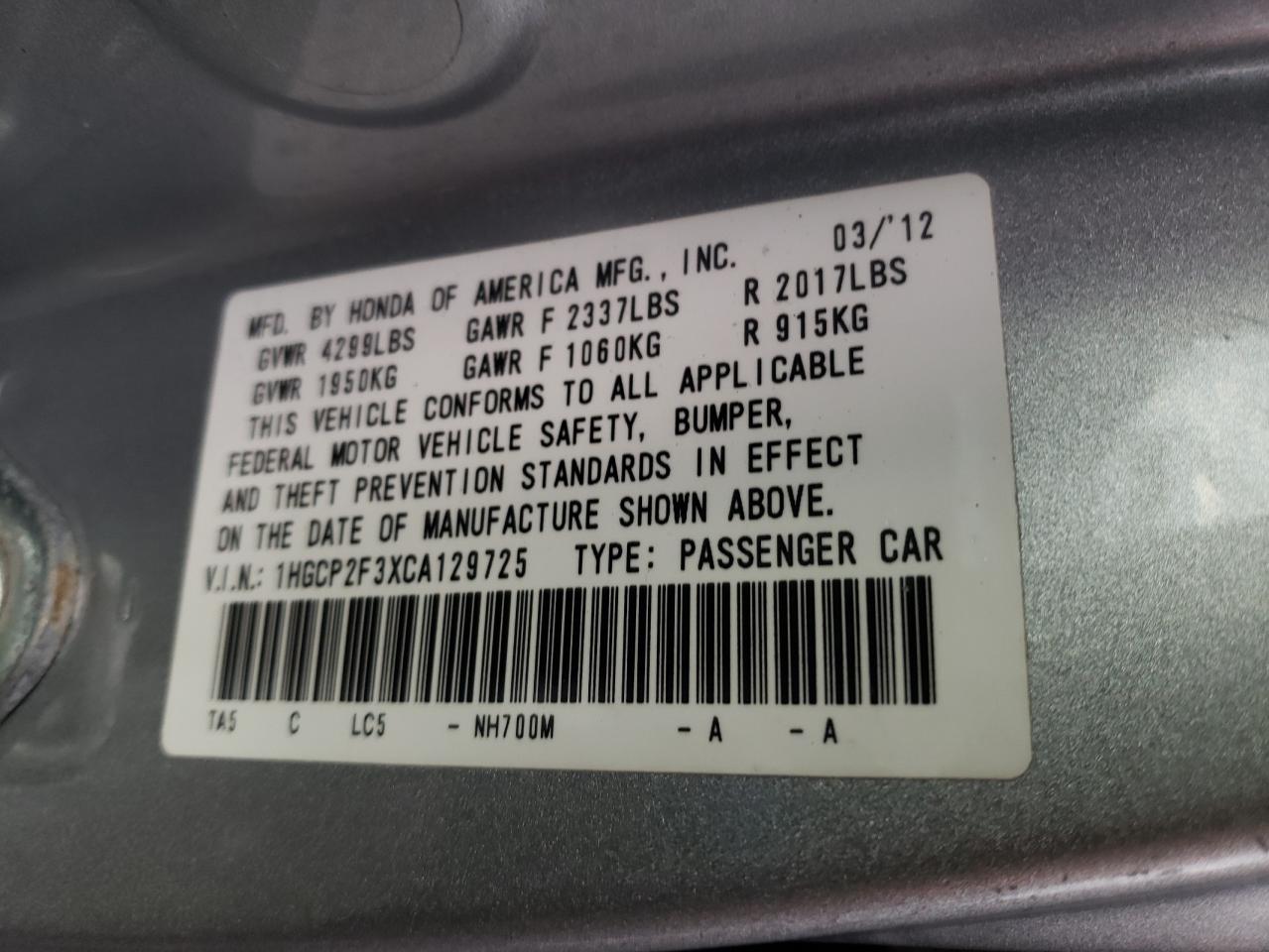 Photo 10 from auction – 2012 HONDA ACCORD LX with VIN 1HGCP2F3XCA129725