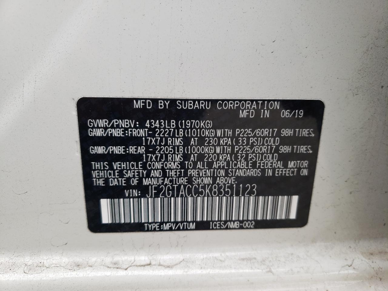 Photo 10 from auction – 2019 SUBARU CROSSTREK with VIN JF2GTACC5K8351123