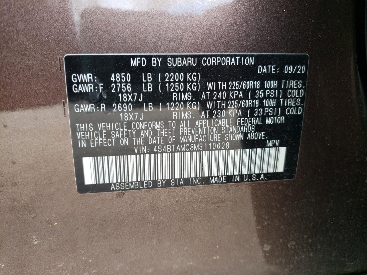 Photo 10 from auction – 2021 SUBARU OUTBACK LI with VIN 4S4BTAMC8M3110028