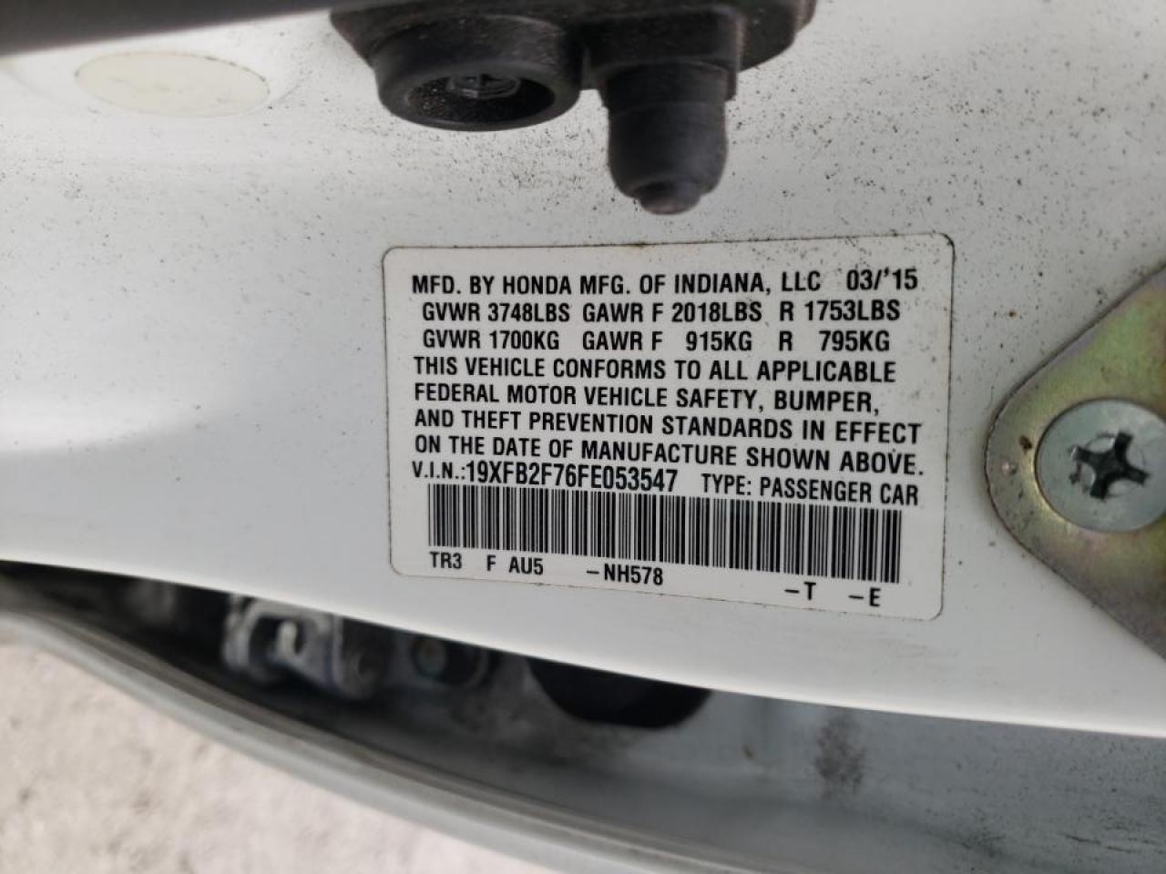 Photo 10 from auction – 2015 HONDA CIVIC SE with VIN 19XFB2F76FE053547