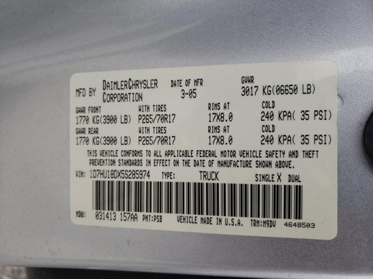 Photo 10 from auction – 2005 DODGE RAM 1500 S with VIN 1D7HU18DX5S285974